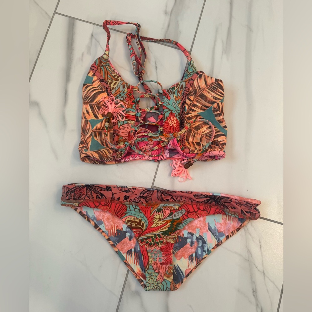 Maaji Multicolor Tropical Print Lace-Up Bikini — Coral, Teal, Pink